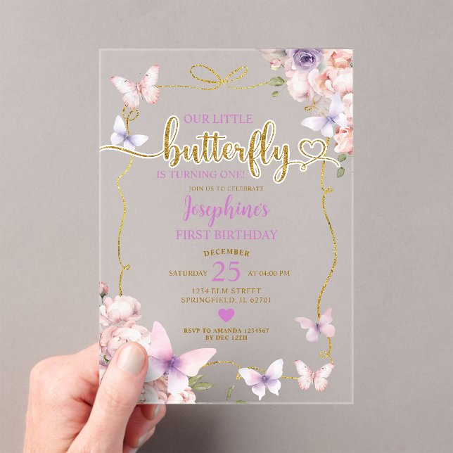 Purple Little Butterfly Pink Floral 1st Birthday Acrylic Invitations (Insitu (Handheld))