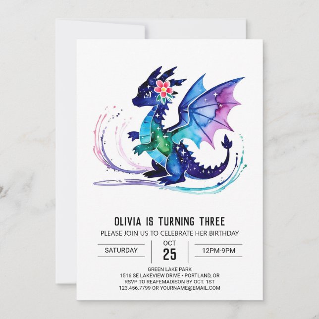 Purple Little Dragon Digital Girl Birthday Invitation (Front)