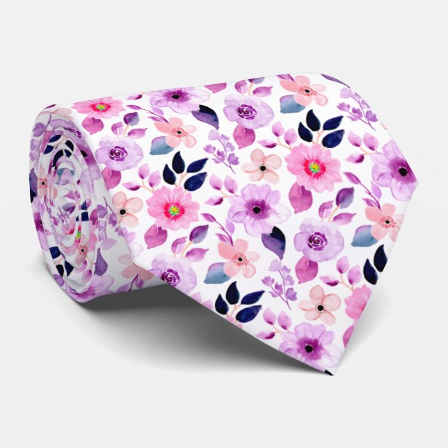 Purple Little Flowers Floral Pattern Neck Tie (Rolled)