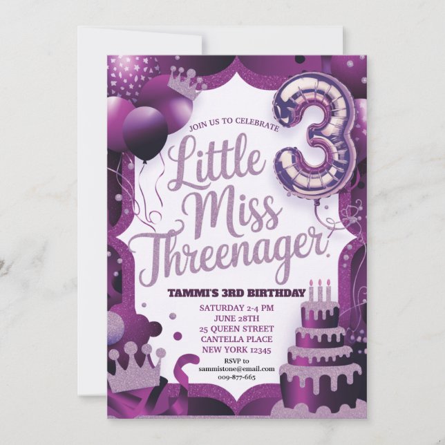 Purple Little Miss Threenager Invitation  (Front)