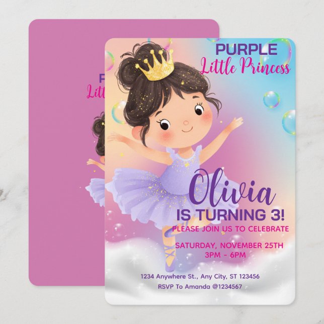 Purple Little Princess Ball  Invitation (Front/Back)