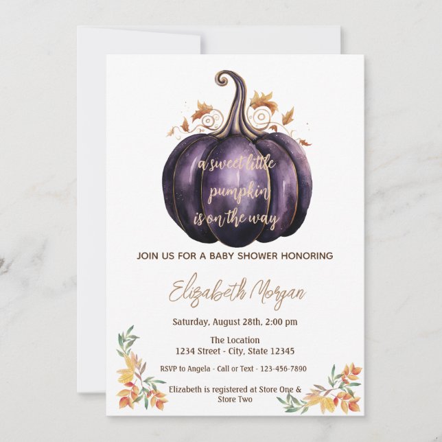 Purple Little Pumpkin, Autumn Leaves Baby Shower  Invitation (Front)