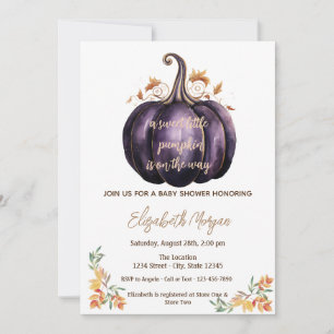 Purple Little Pumpkin, Autumn Leaves Baby Shower Invitation