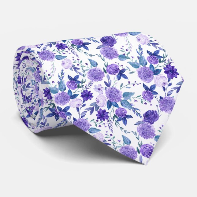Purple Little Roses Floral Pattern Tie (Rolled)