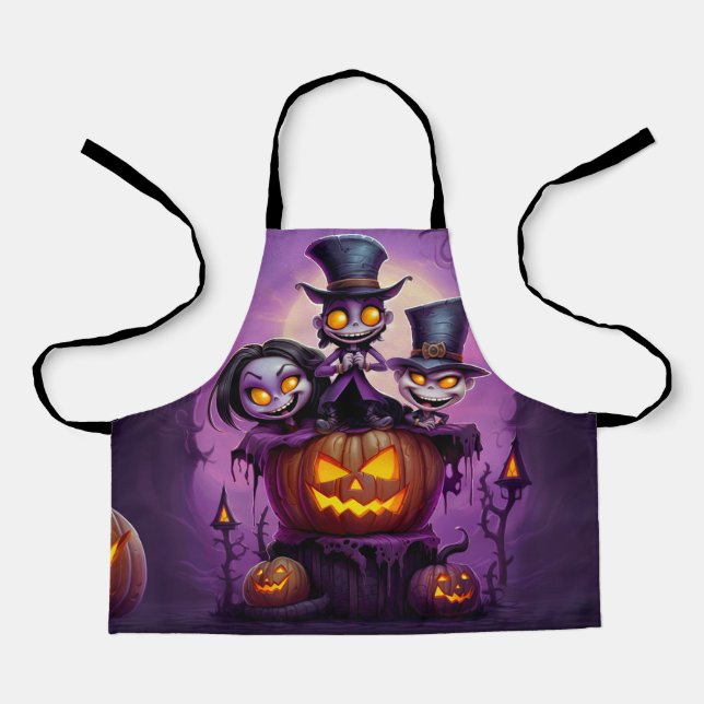Purple little wizard pagan monsters cute Halloween Apron (Front)