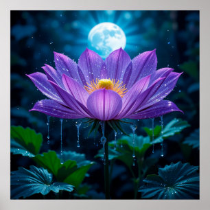 Purple Lotus Blossom Under Moonlit Poster