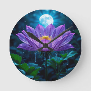 Purple Lotus Blossom Under Moonlit Round Clock