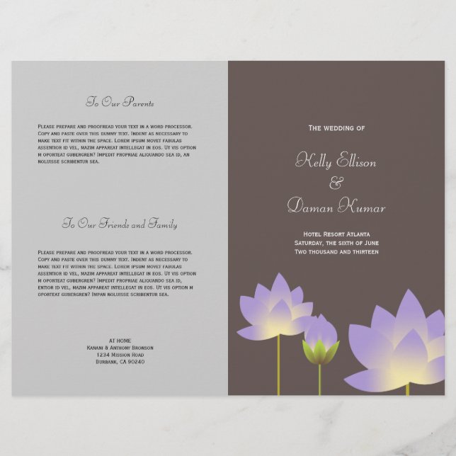 Purple lotus flower modern grey wedding program (Front)