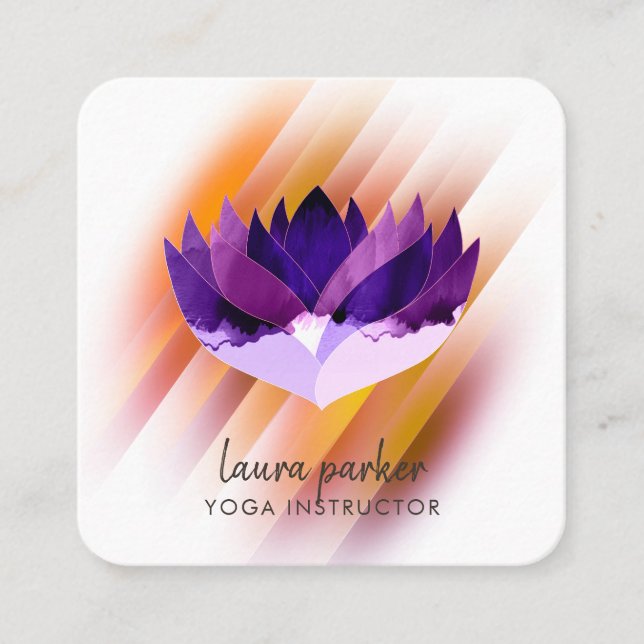 Purple Lotus Flower Yoga Instructor Zen Art Square Business Card (Front)
