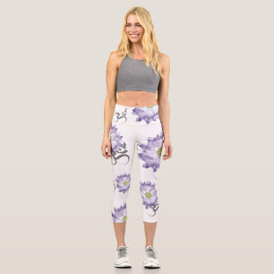Purple Lotus Flower Yoga & Om/Aum Zen Calligraphy Capri Leggings