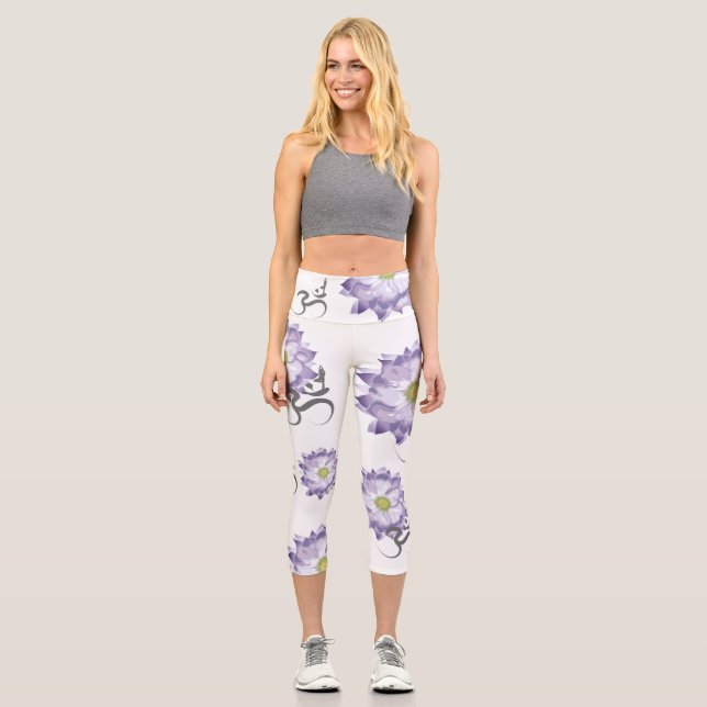 Purple Lotus Flower Yoga & Om/Aum Zen Calligraphy Capri Leggings (Front)