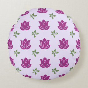 Purple Lotus & Green Leaves Pattern Round Pillow