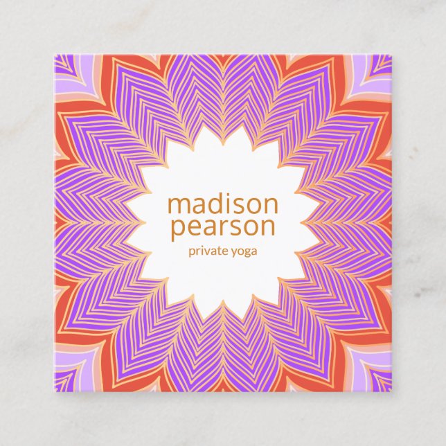 Purple Lotus Mandala Flower Yoga Teacher Square Business Card (Front)