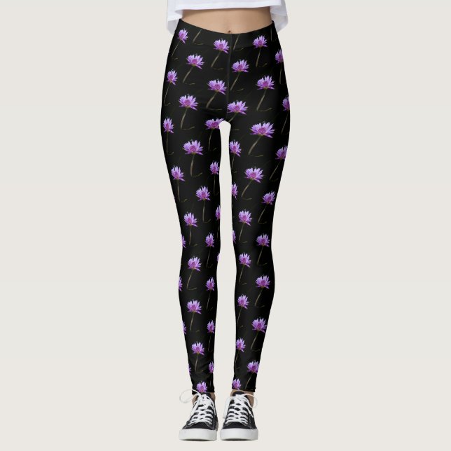 Purple Lotus Waterlily Dragonfly Leggings (Front)
