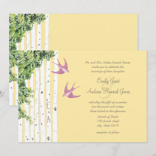 Purple Love Bird Birch Tree Wedding Invitations