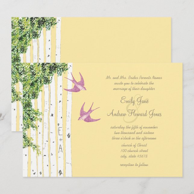 Purple Love Bird Birch Tree Wedding Invitations (Front/Back)