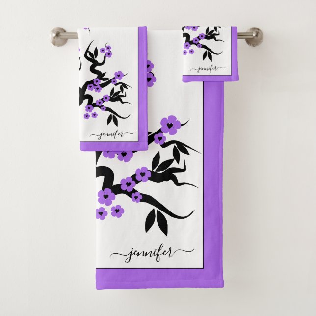 Purple love birds cherry tree, blossoms and border bath towel set (Insitu)