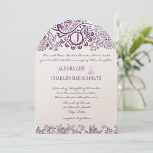 Purple Love Birds Damask Monogram Weddings Invitation