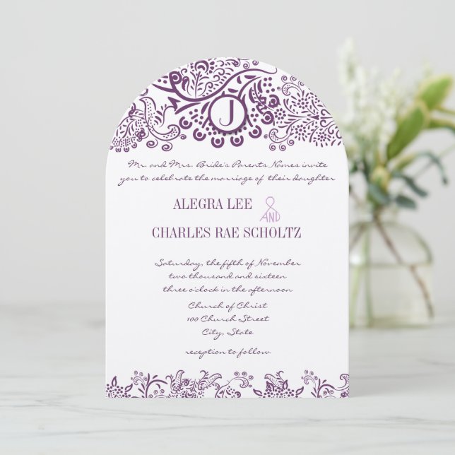 Purple Love Birds Damask Monogram Weddings Invitation (Standing Front)