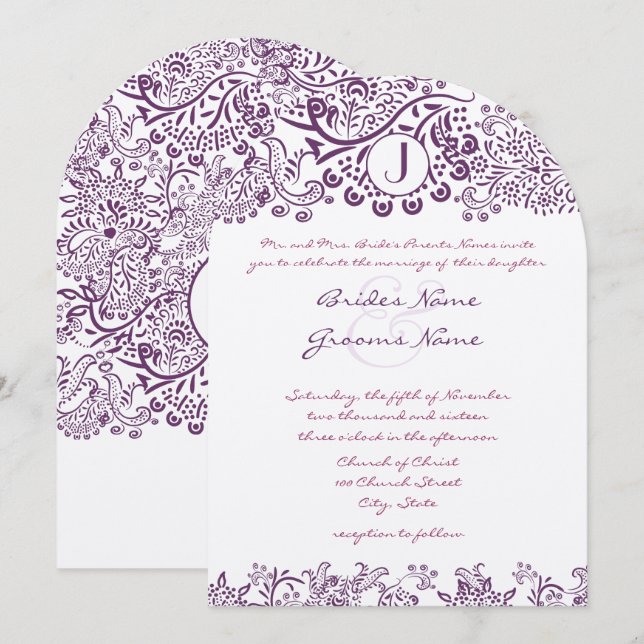 Purple Love Birds Damask Monogram Weddings Invitation (Front/Back)