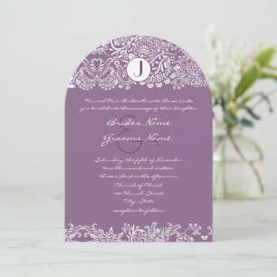 Purple Love Birds Damask Monogram Weddings Invitation