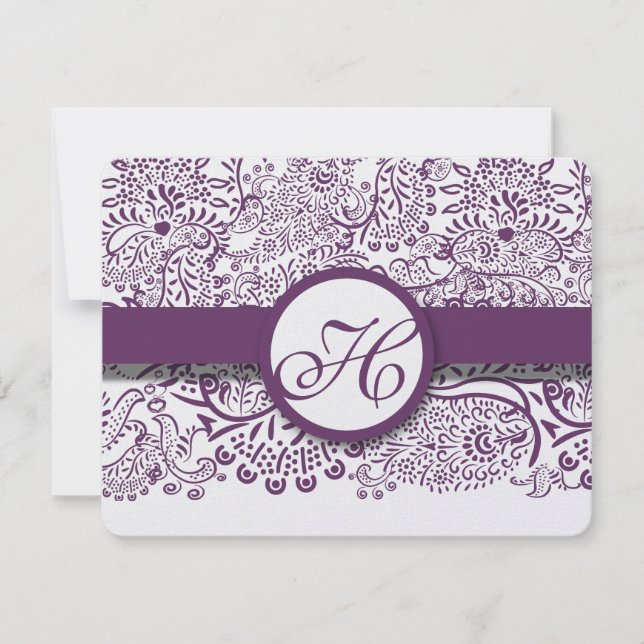 Purple Love Birds Damask Monogram Weddings RSVP (Front)
