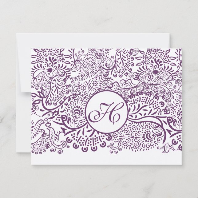Purple Love Birds Damask Monogram Weddings RSVP (Front)