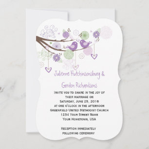 Purple Love Birds Swirls Hand Drawn Floral Wedding Invitation