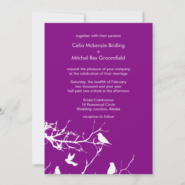 Purple Love Birds Weddings Customised Invitation (Front)
