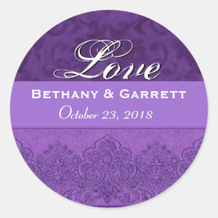 Purple Love Bride and Groom Date F202 Classic Round Sticker