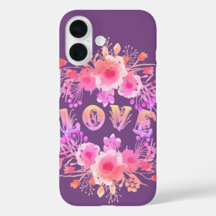 Purple LOVE in Watercolor Flowers iPhone 16 Case