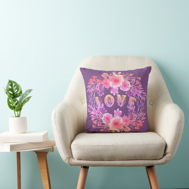 Purple LOVE in Watercolor Flowers Cushion (Chair)