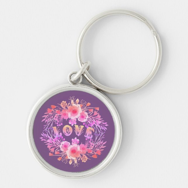 Purple LOVE in Watercolor Flowers Key Ring (Front)