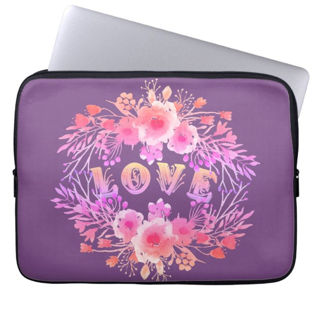 Purple LOVE in Watercolor Flowers Laptop Sleeve (Front)