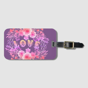 Purple LOVE in Watercolor Flowers Luggage Tag