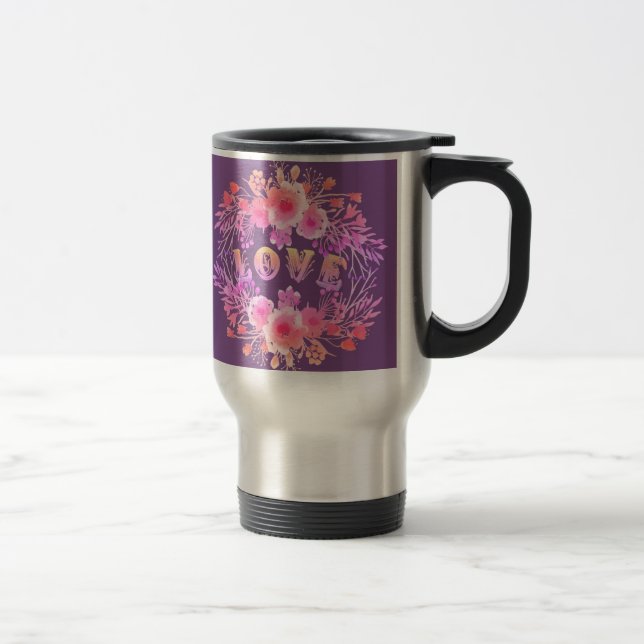Purple LOVE in Watercolor Flowers  Travel Mug (Right)