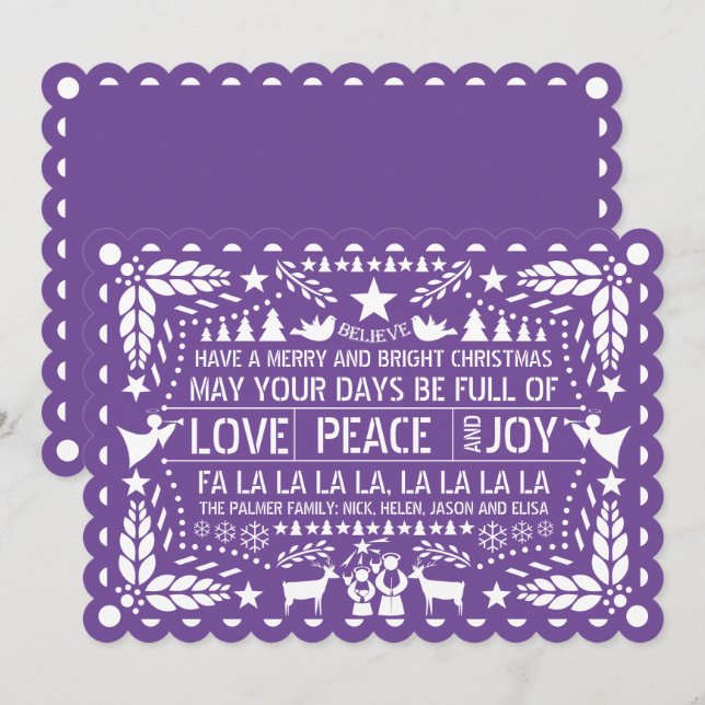 Purple Love Peace Joy papel picado Christmas Holiday Card (Front/Back)