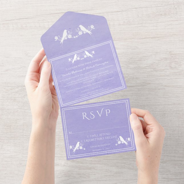 Purple Lovebird Floral All in One Wedding Invite (Tearaway)