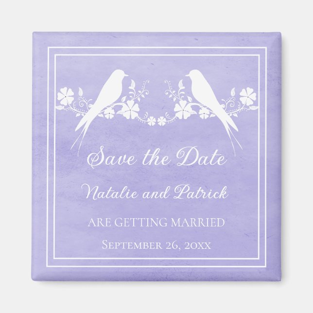Purple Lovebird Floral Save the Date Magnet (Front)