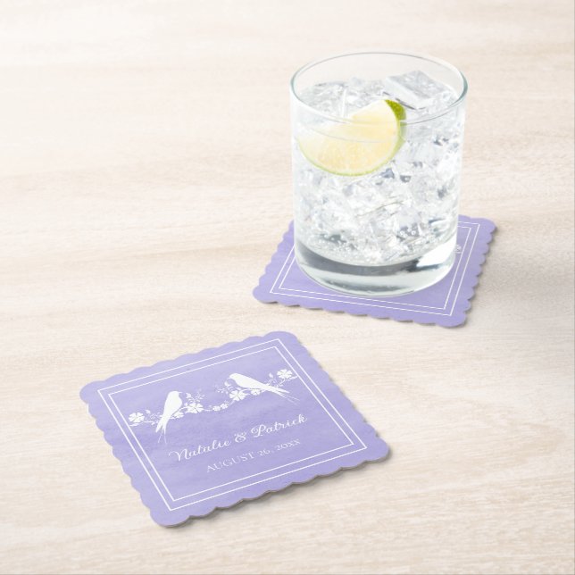 Purple Lovebird Floral Wedding Paper Coasters (Insitu)
