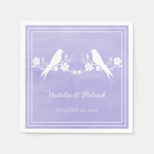 Purple Lovebird Floral Wedding Paper Napkins (Front)