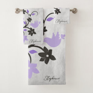 Purple Lovebirds Bath Towel Set