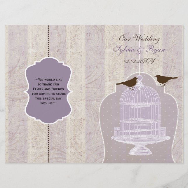 purple lovebirds  bircage bi fold Wedding program (Front)