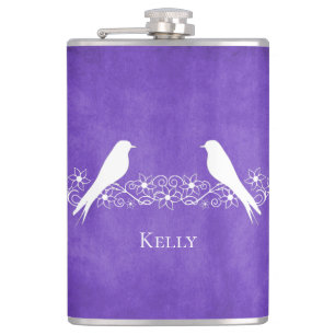 Purple Lovebirds Floral Vine Personalised Flask