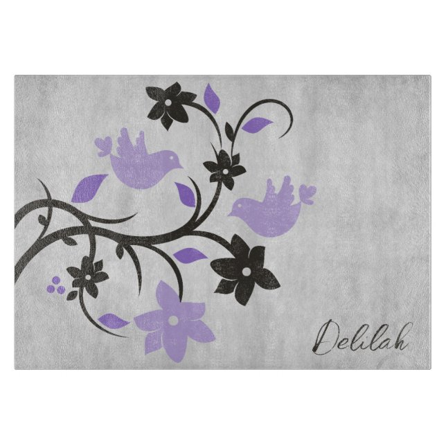 Purple Lovebirds Personalised Cutting Board (Front)