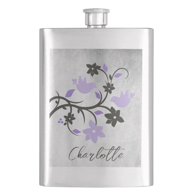 Purple Lovebirds Personalised Flask (Front)