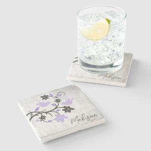 Purple Lovebirds Personalised Stone Coaster