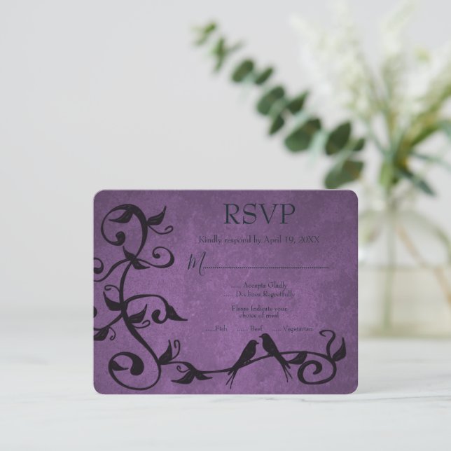 Purple Lovebirds Wedding RSVP Card (Standing Front)