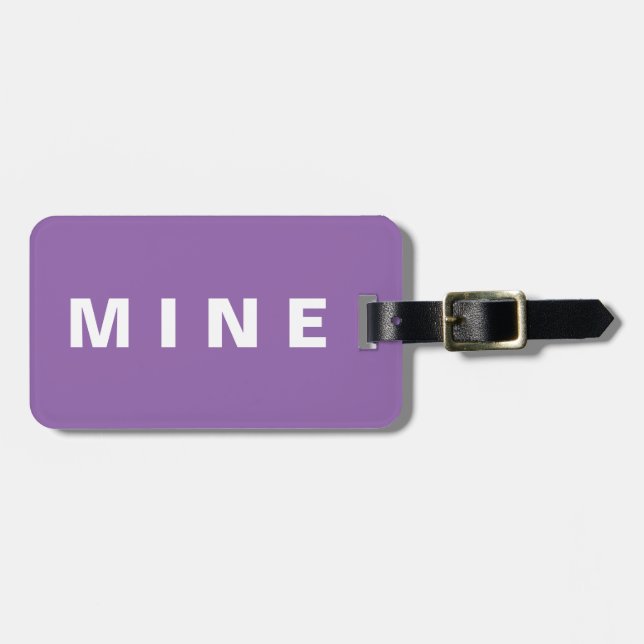 Purple luggage tag with 'Mine' written on it (Front Horizontal)