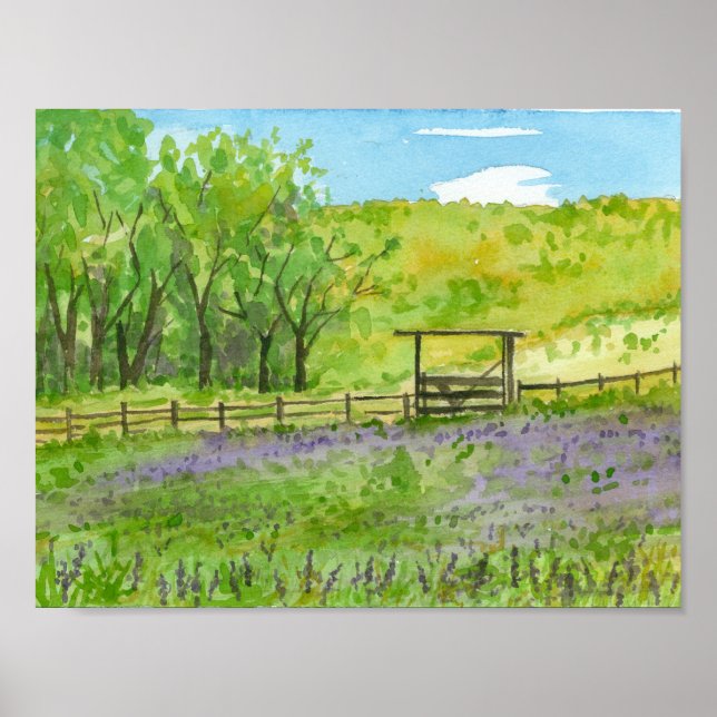 Purple Lupines Field Watercolor Landscape Painting Poster (Front)